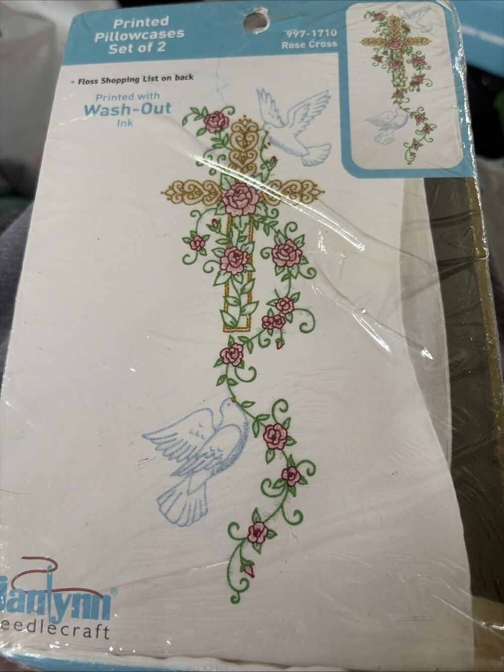 Janlynn Needlecraft Set of Two Pre Printed-Pillowcases Kit Rose Cross 997-1710